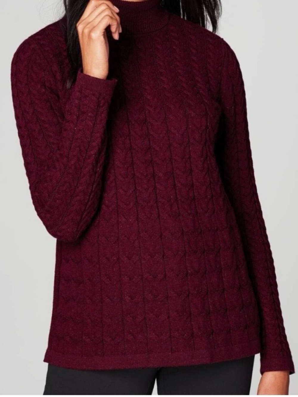 J.JILL Burgundy Cable Knit Tweed Sweater Tunic Turtleneck Cotton Silk LP